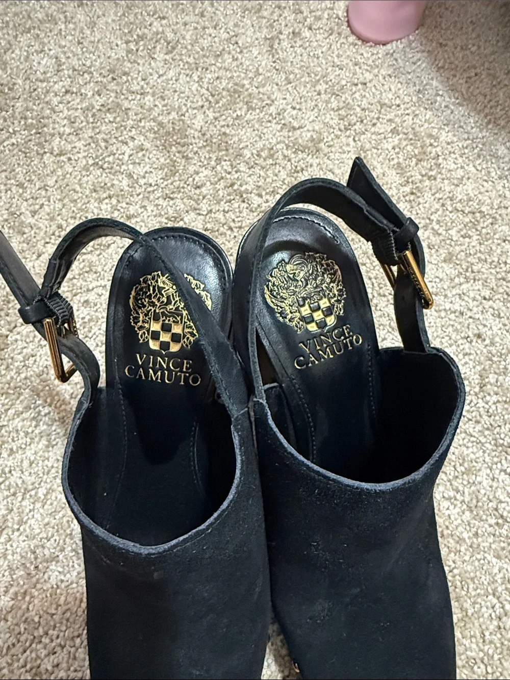 VINCE CAMUTO Black Suede Platform Slingback Heels with Wood-Tone Block Heel